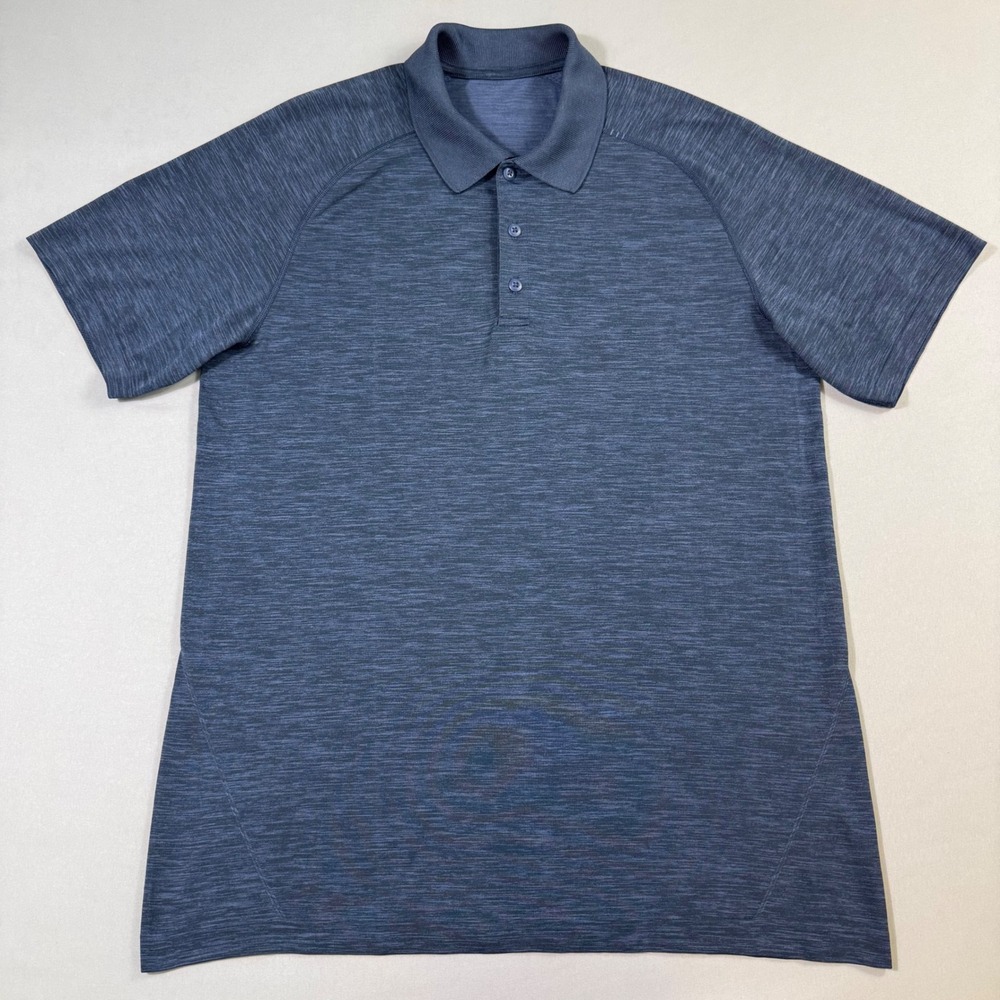Lululemon Metal Vent Tech‎ Polo Mens Large Navy Blue Heathered Short Sleeve Golf